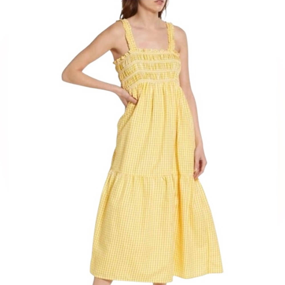 French Connection Ezeke Poplin Midi Dress In Yellow Gingham - Picture 1 of 7